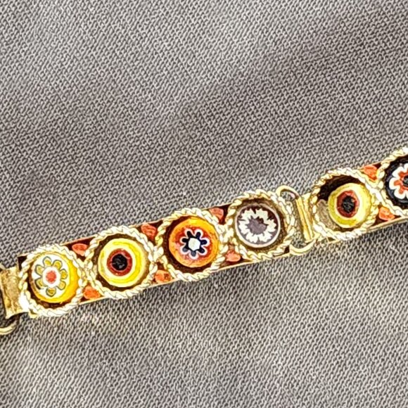 Unsigned Vintage Gold Tone Italian Micro Mosaic Five Link Hinged Floral Bracelet - Picture 4 of 16